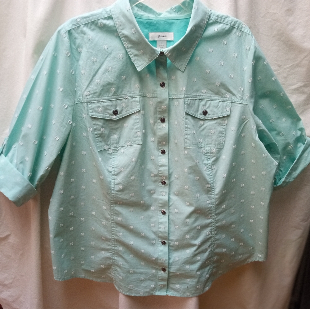 Christopher & Banks Mint Green Button-Front Shirt with Embroidered Dots
